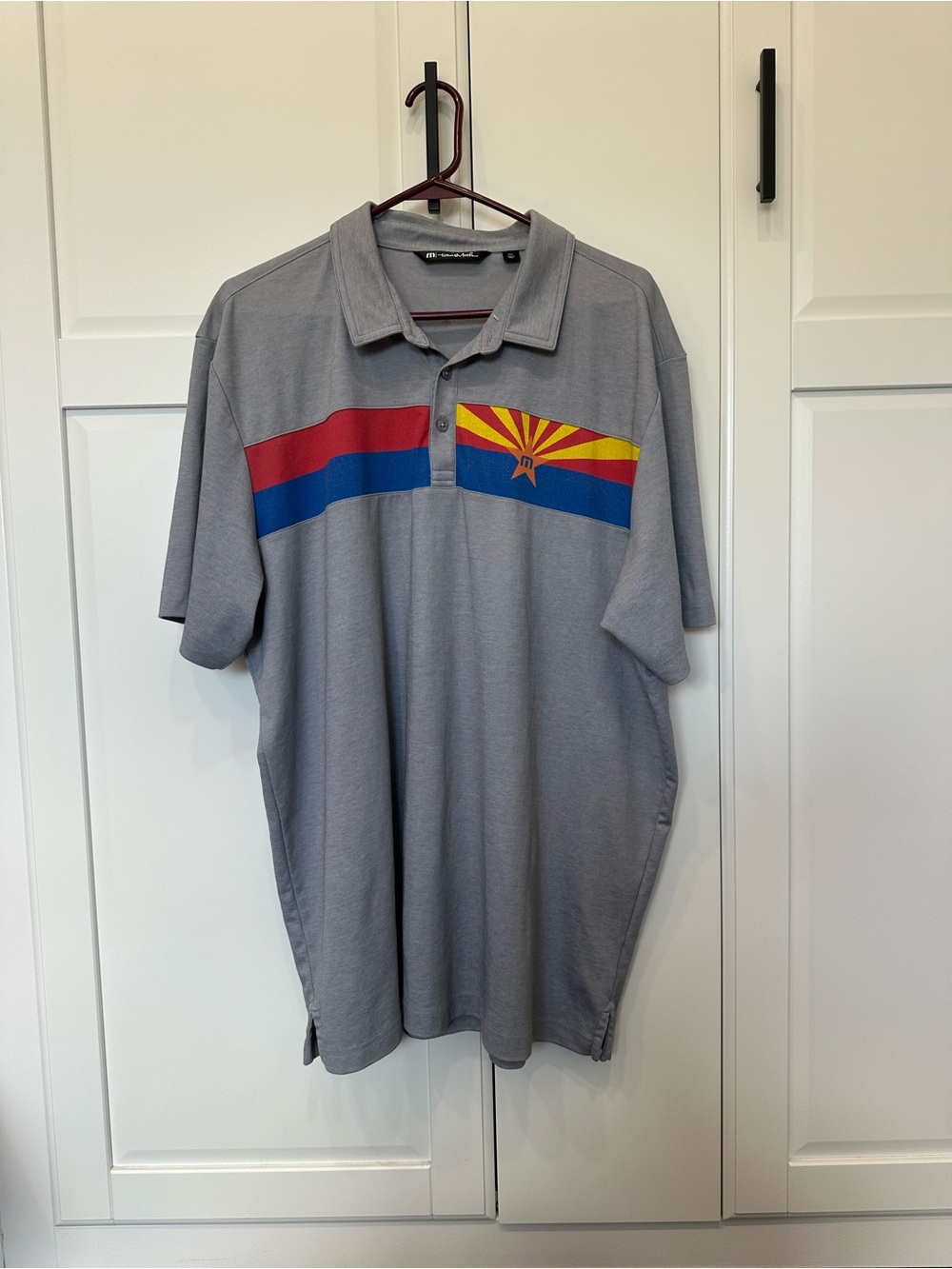 Travis Mathew Great Prescott Gray Polo with Red, Blue,Yellow Arizona Stripe,XXL